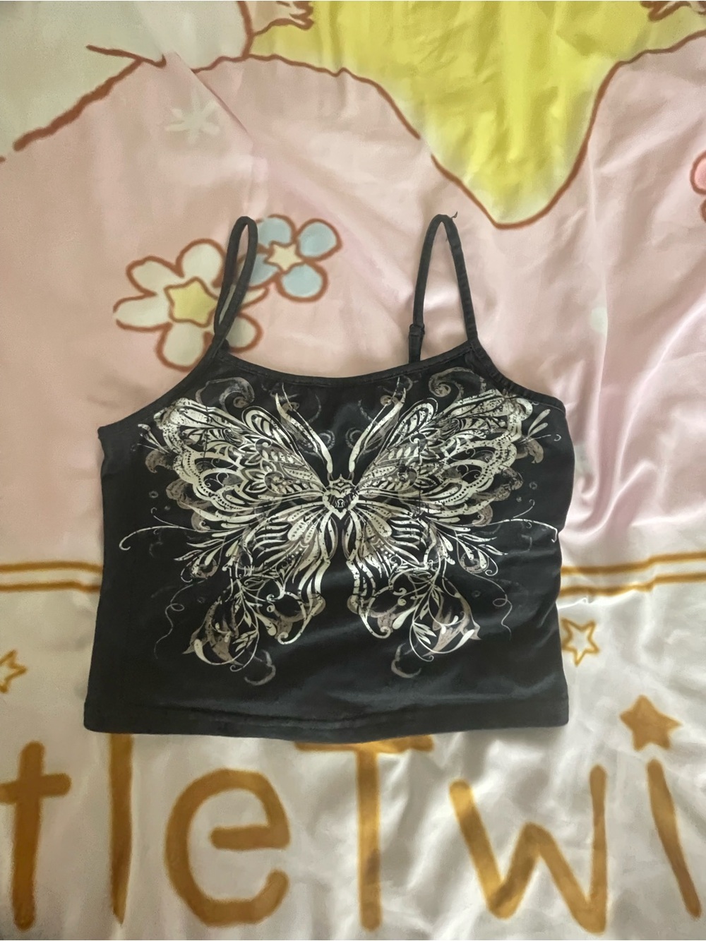Black Butterfly Print Spaghetti Strap Tank Top